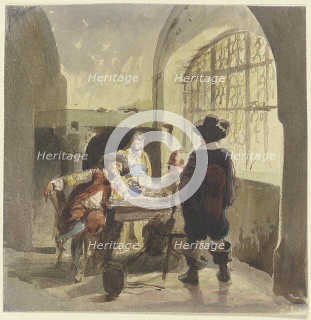 Three soldiers from the time of the Thirty Years' War in a chamber, with a woman present. Creator: Eugen Johann Georg Klimsch.