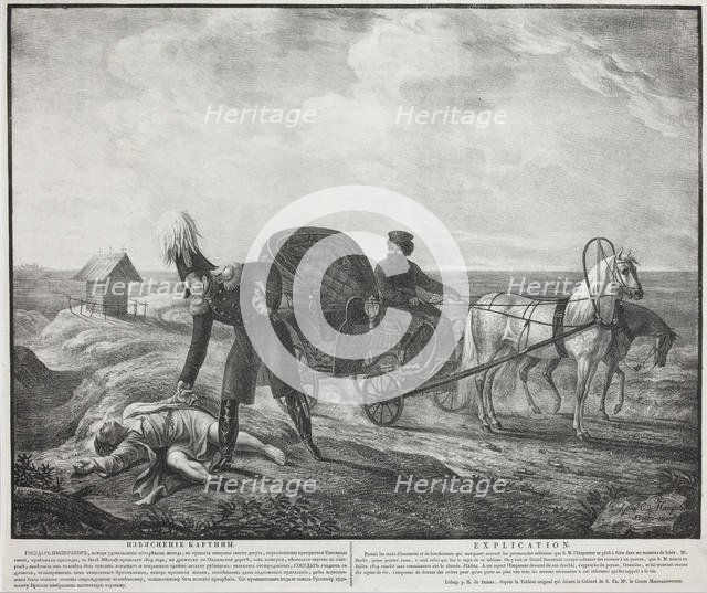 Emperor Alexander I helps a needy person, 1820. Creator: Hampeln, Carl, von (1794-after 1880).