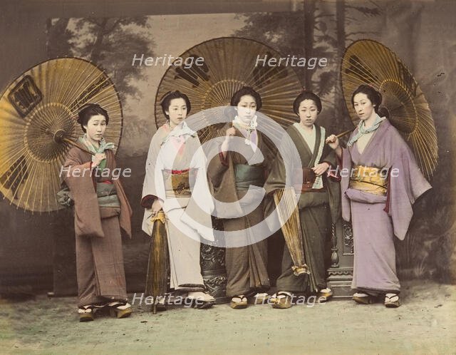 [Five Japanese Women in Traditional Dress with Parasols], 1870s. Creator: Unknown.
