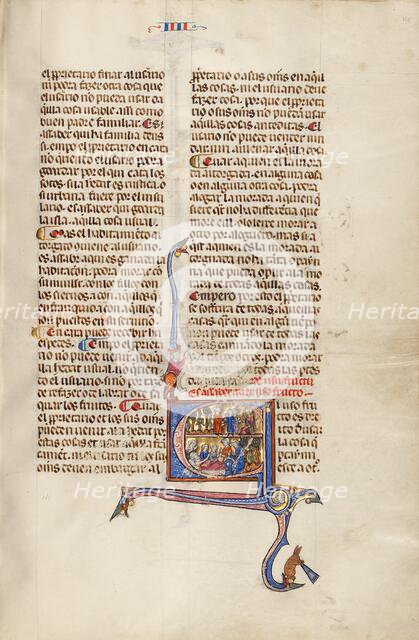 Initial E: A Man with Children before a Judge and An Old Man in his Sickbed..., about 1290-1310. Creator: Unknown.