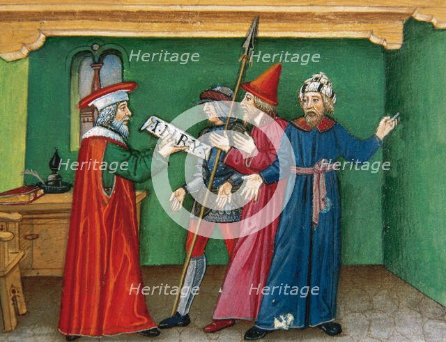 Miniature depicting Pilate with an inscription which reads: Jesus of Nazareth, king of the..., 1476. Creator: Cristoforo De Predis.