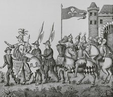 Entry of the King of Epinette ("King of the Thorn") in Lille, 16th century, (1878).  Creator: Unknown.