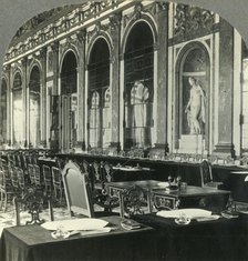 'Galerie des Glaces, Showing Table where Peace Treaty Was Signed, Versailles, France', c1930s. Creator: Unknown.