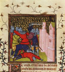 Hand-to-hand fighting with swords in defence of a castle, 14th century. Artist: Unknown