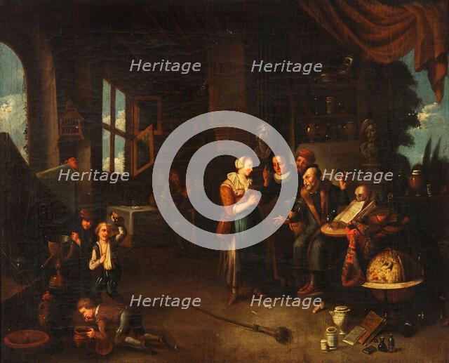 A physician examining a urine-flask, c1700. Creator: Gerard Thomas.