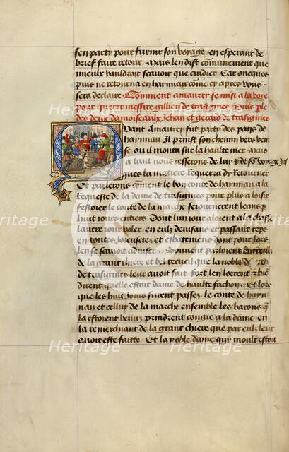 Initial Q: Gillion's Sons in a Mock Joust; Roman de Gillion de Trazegnies, 1464. Creators: Lieven van Lathem, David Aubert.