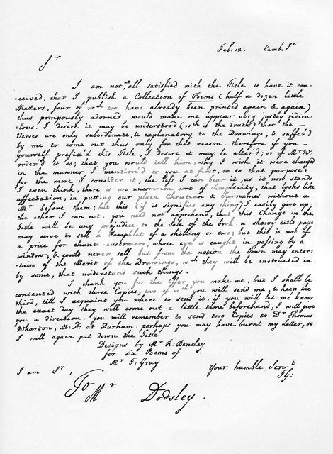Letter from Thomas Gray concerning the edition of his poetical pieces, c1753, (1840). Artist: Thomas Gray
