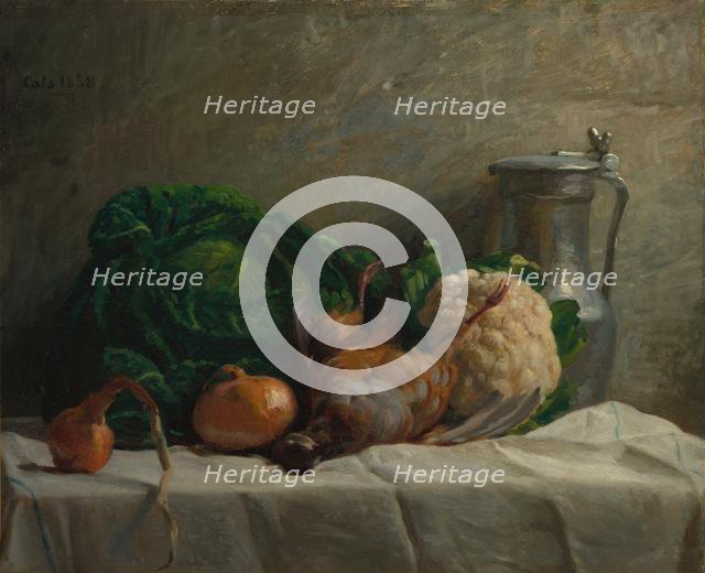 Still Life with Vegetables, Partridge, and a Jug, 1858. Creator: Adolphe-Félix Cals (French, 1810-1880).