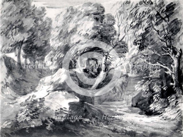 Wooded Landscape with a Man Crossing a Bridge, early 1780s. Creator: Thomas Gainsborough.