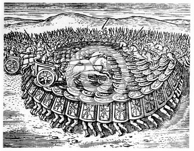 Roman soldiers making a 'tortoise' with their shields, 1605. Artist: Unknown