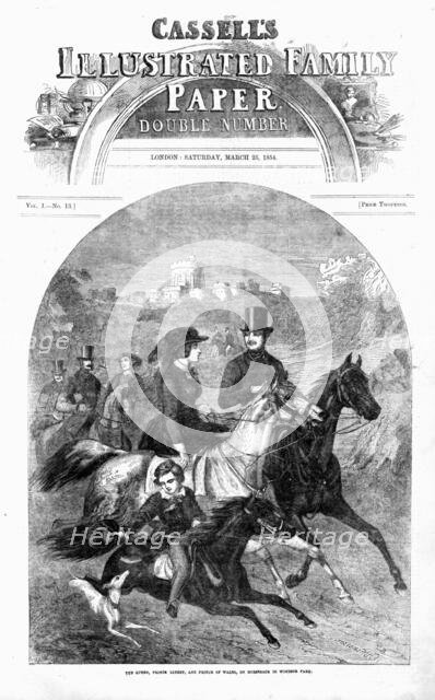 'The Queen, Prince Albert, and Prince of Wales, on horseback in Windsor Park: Front Page; Cassells I Creator: Unknown.