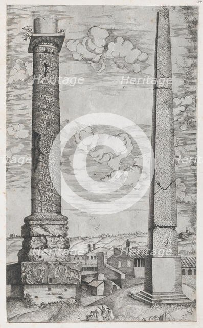 Speculum Romanae Magnificentiae: Column of Antoninus and a Roman Obelisk, 16th cen..., 16th century. Creator: Anon.