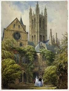 Professor, Woman, Child and Dog in Cathedral Close, 1860/65. Creator: Joseph Nash.