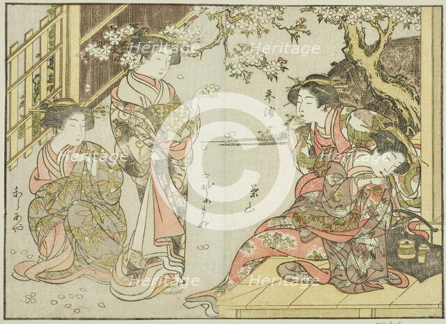 Courtesans of the Asahimaruya, from the book "Mirror of Beautiful Women of the Pleasure..., 1776. Creator: Shunsho.
