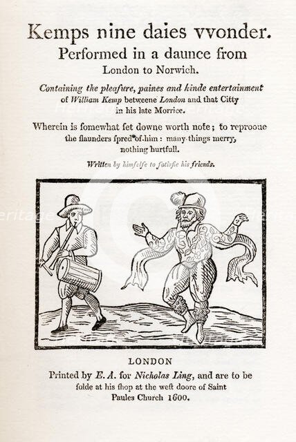 Title page from "Kemps nine daies wonder", 1600, (1884).  Creator: Unknown.