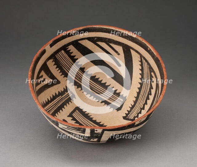 Bowl with Radiating Striped Bands and Triangles and Interlocking Zigzag on Exterior, A.D. 1300/1400. Creator: Unknown.