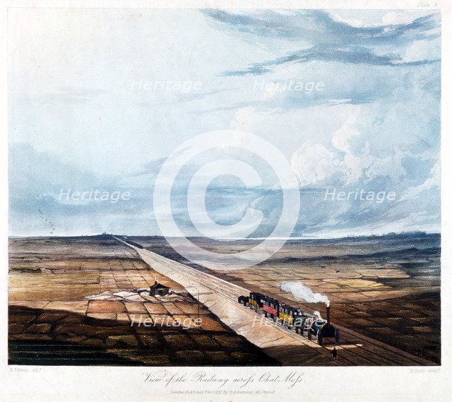 Train crossing Chat Moss, Lancashire, 1831. Artist: Henry Pyall
