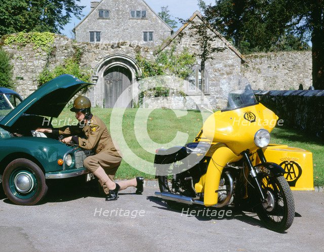 1960 BSA M21 AA Combination motorcycle with 1948 Morris Minor. Artist: Unknown.