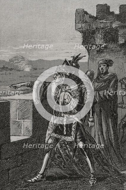 James and his mother on the battlement of the walls of Balaguer, 1413, (1890).  Creator: Unknown.