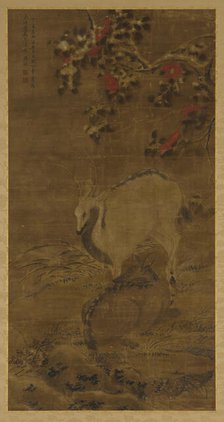A stag, a doe, and red camellias in snow, 1367. Creator: Zhou Yuan.