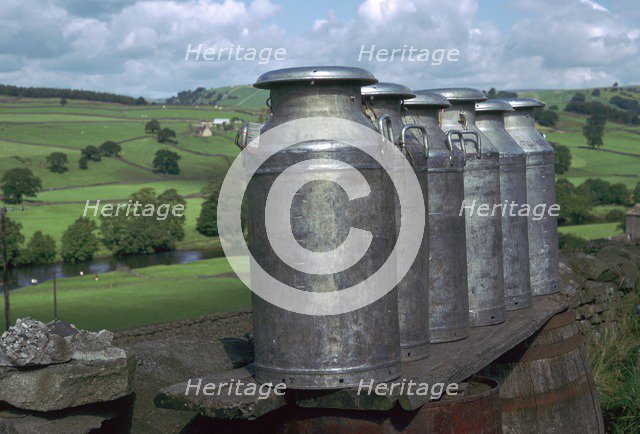 Milk cans at farm gateway.