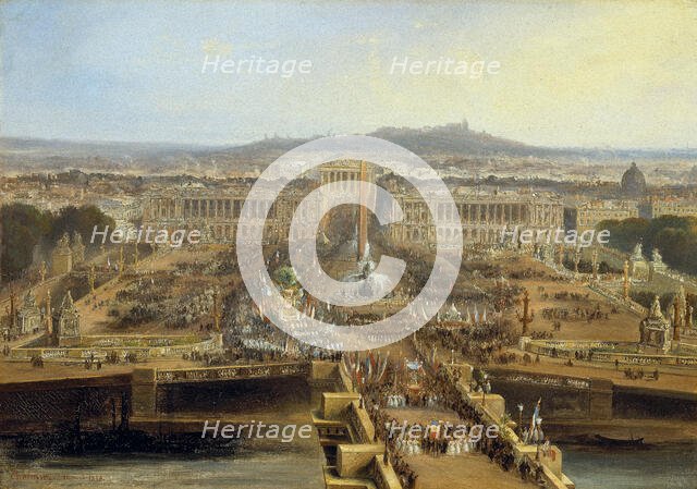 Fête de la Concorde, le 21 mai 1848 : défilé sur la place de la Concorde des corporations... Creator: Jean Jacques Champin.