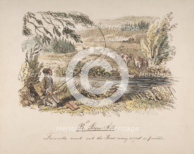 The Riverside, Favourable Wind and the Trout Rising as Fast as Possible, 1830-64. Creator: John Leech.