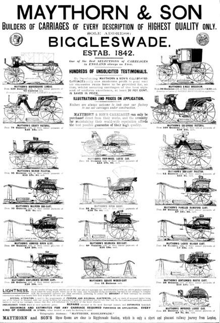 Advertisement for Maythorn & Son, carriages, 1895. Creator: Unknown.