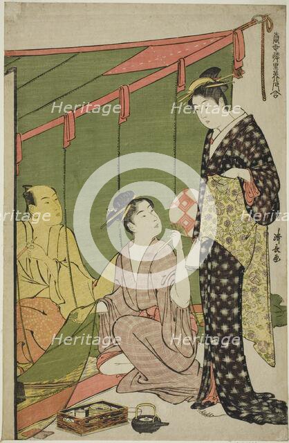 Mosquito Net, from the series "A Collection of Contemporary Beauties of the Pleasure..., c. 1784. Creator: Torii Kiyonaga.