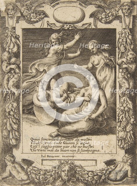 The infant Hercules killing the snakes, set within an elaborate frame, from the 'Loves,..., 1531-76. Creator: Giulio Bonasone.