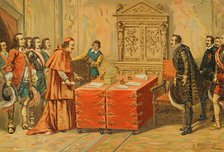 Conferences on Pheasant Island held between Luis Méndez de Haro...and Cardinal Mazarin...1890.  Creator: Juan Alaminos.