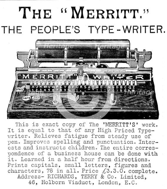 Advertisement for the "Merritt", the People’s Type-Writer, 1890.  Creator: Unknown.