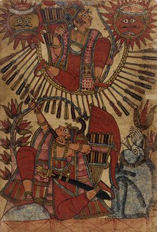 Vrishaketu Shoots Babhruvahana into the Air on a Circle of Arrows (recto)..., c1850. Creator: Unknown.