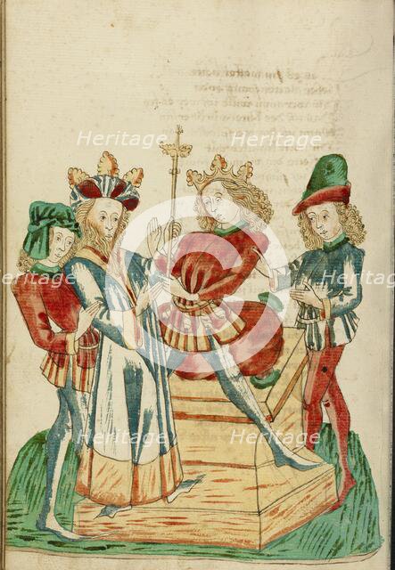 King Avenir Divides his Kingdom with Josaphat; Barlaam und Josaphat, 1469. Creators: Hans Schilling, Diebolt Lauber.