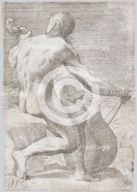 Study from behind of a naked man playing a cello, from the 'Principios para estudiar e..., ca. 1693. Creator: José García Hidalgo.