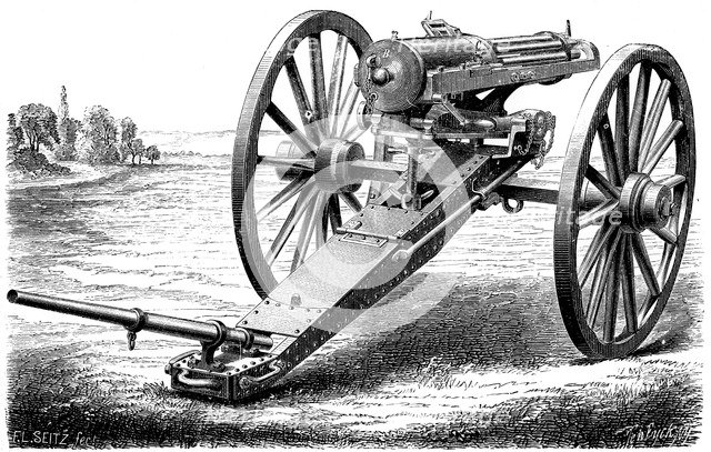 Gatling rapid fire gun, 1861-1862 (1872).  Artist: Anon