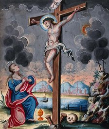 Saint Mary Magdalene clasps her hands before the crucified Christ. Creator: Unknown.