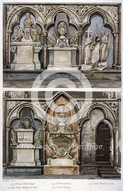 Monuments in the west aisle of  Westminster Abbey's north transept, London, 1812. Artist: Augustus Charles Pugin