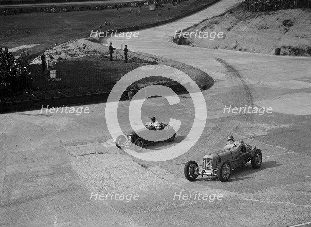 ERA and Maserati racing at Brooklands, 1938 or 1939. Artist: Bill Brunell.