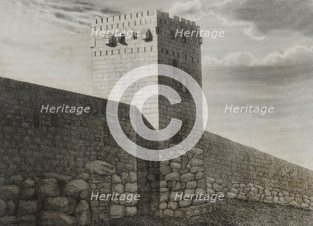Archbishop's Tower and Roman wall constructed over the remains of the Cyclopean wall...Spain, 1853.  Creator: Antonio Roca Sallent.