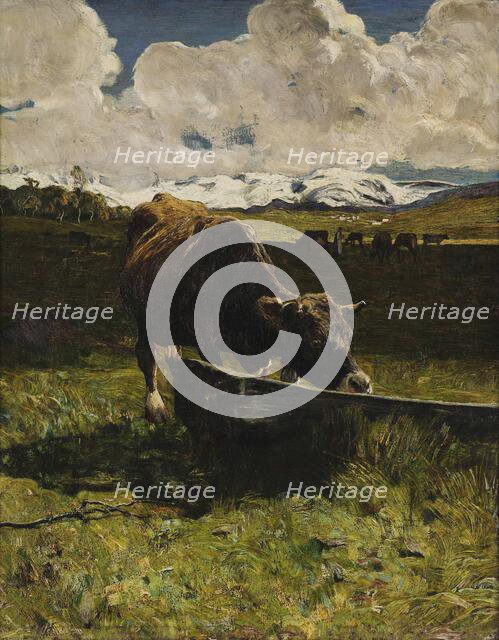 Brown cow at the Watering Place, 1887. Creator: Segantini, Giovanni (1858-1899).