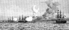 The Germans in East Africa - the Carola and Schwalbe bombarding Kilwa, May 3., 1890. Creator: Josiah Robert Wells.