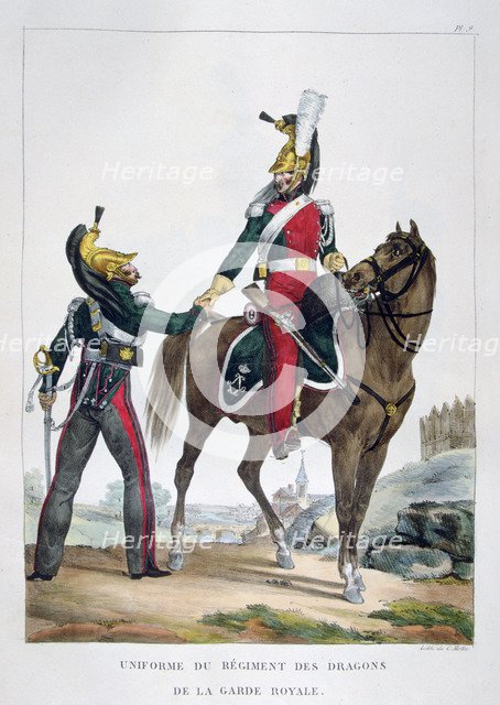 Uniform of a regiment of dragoons of the royal guard, France, 1823.  Artist: Charles Etienne Pierre Motte