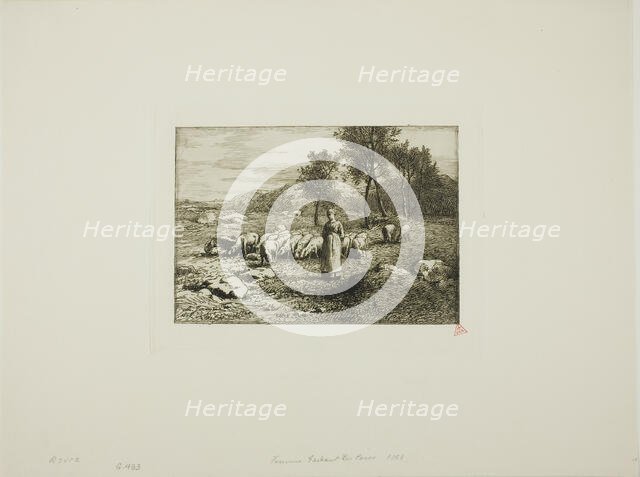 Woman Watching Over a Herd of Pigs, 1868. Creator: Charles Emile Jacque.