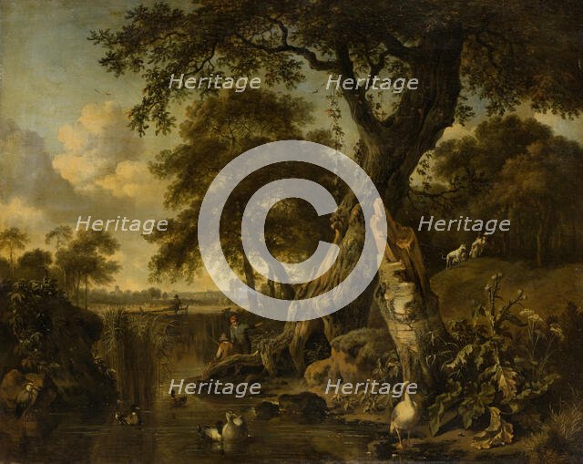 River Landscape with Fisherman and Hunter, 1671. Creator: Jan Wijnants.