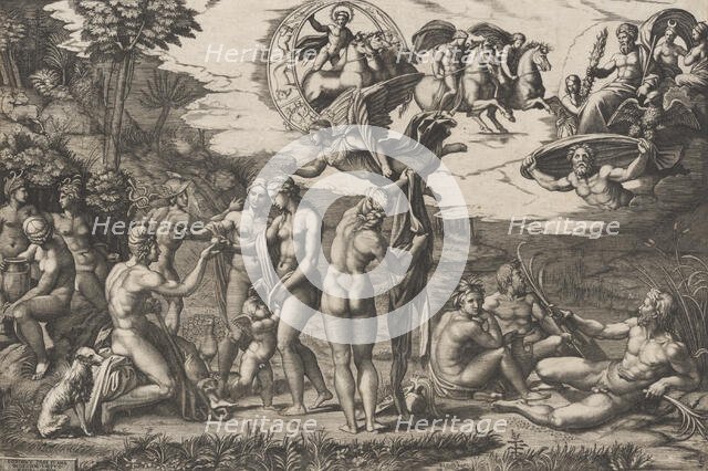 The Judgment of Paris; he is sitting at left with Venus, Juno and Pallas Athena, a ..., ca. 1510-20. Creator: Marcantonio Raimondi.