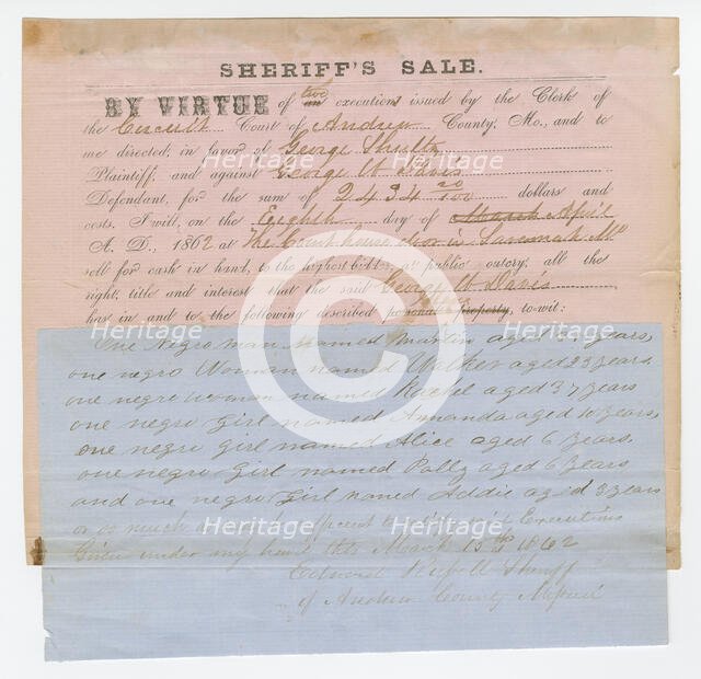 Notice of an impending sheriff's sale of 7 enslaved persons, March 15, 1862. Creator: Unknown.