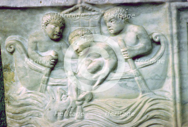 Early Christian depiction of Jonah and the Whale on a sarcophagus, 4th century. Artist: Unknown