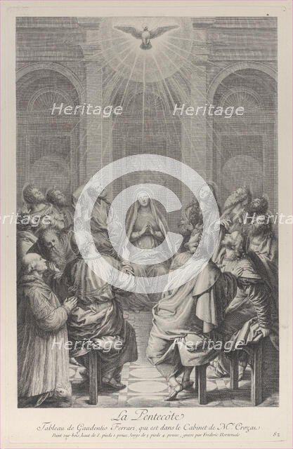 The Pentecost, with the Apostles and the Virgin sitting in a circle, the Holy Spirit ap..., 1729-40. Creator: Frédéric Horthemels.
