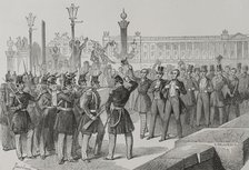 Students on the Pont de la Concorde in front of the troops, French Revolution of 1848, Paris, 1856.  Creator: Dujardin.